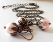 Peach Wedding Jewelry Bridesmaid Gift Set Pearl Necklace and Earrings Beaded Bridal Party Jewellery Handmade, Bronwyn