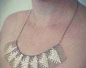 Triangles knitted textile collar necklace - Knitted silk and wire , Vintage brass chain