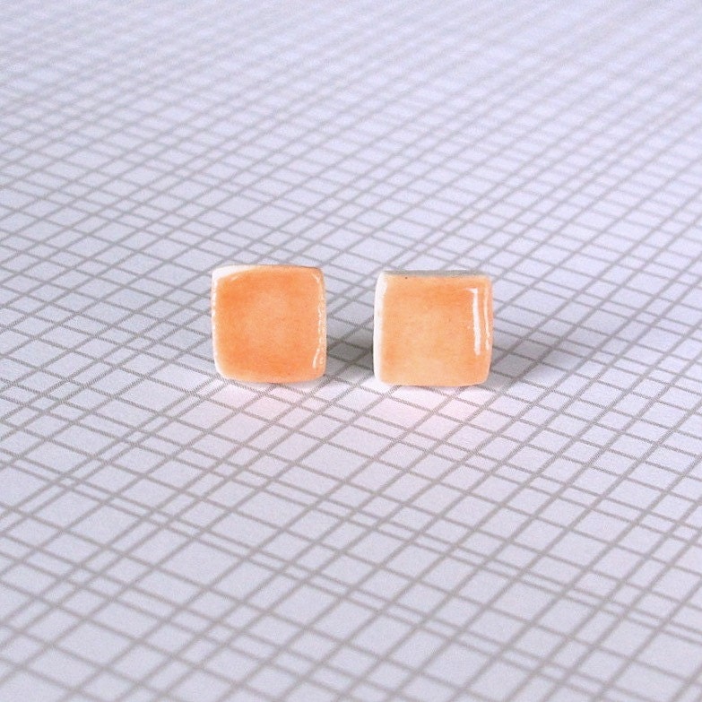 Petite Porcelain Earrings.  Tangerine Orange Squares. Coral.  Post or Stud Earrings. Surgical Steel