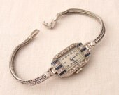 Art Deco Vintage Downton Abbey 1920s Diamond and Sapphire 14k Filigree Wind Up Watch