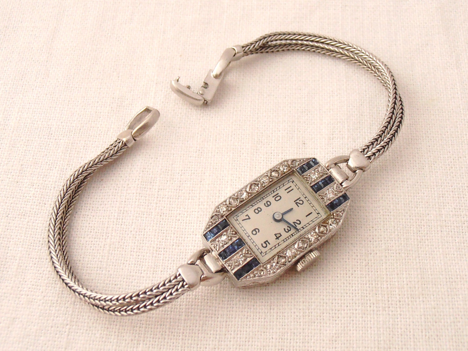Art Deco Vintage Downton Abbey 1920s Diamond and Sapphire 14k Filigree Wind Up Watch