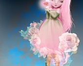 Fine Art Print - "Wild Rose" - Medium Size 8.5x11 or 8x10 Giclee - Little Wild Rose Garden Fairy Nymph - Flower Pixie By Jessica Grundy