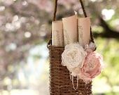 Hanging basket decoration with vintage music sheets and flowers, rustic wedding pew or door decor