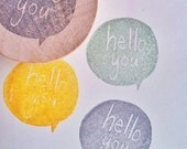 hello you rubber stamp. hand carved stamp. hand carved rubber stamp. mounted.