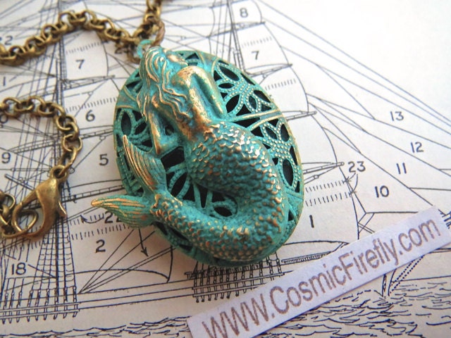 Mermaid Locket Mermaid Necklace Painted Verdigris Green Oval Locket Gothic Victorian Rustic Nautical Steampunk Locket Brass Rolo Chain