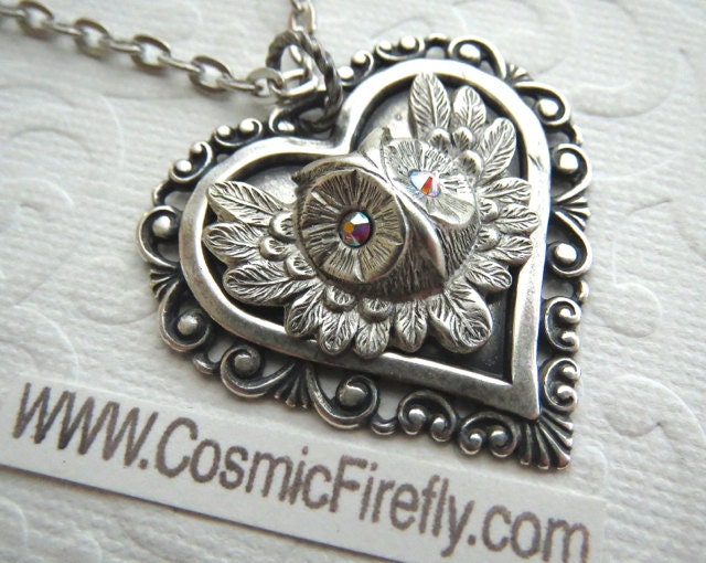 Owl Necklace Antiqued Silver Heart Necklace Vintage Inspired Steampunk Style Pendant Swarovski Crystal Eyes Rustic Gothic Victorian Jewelry