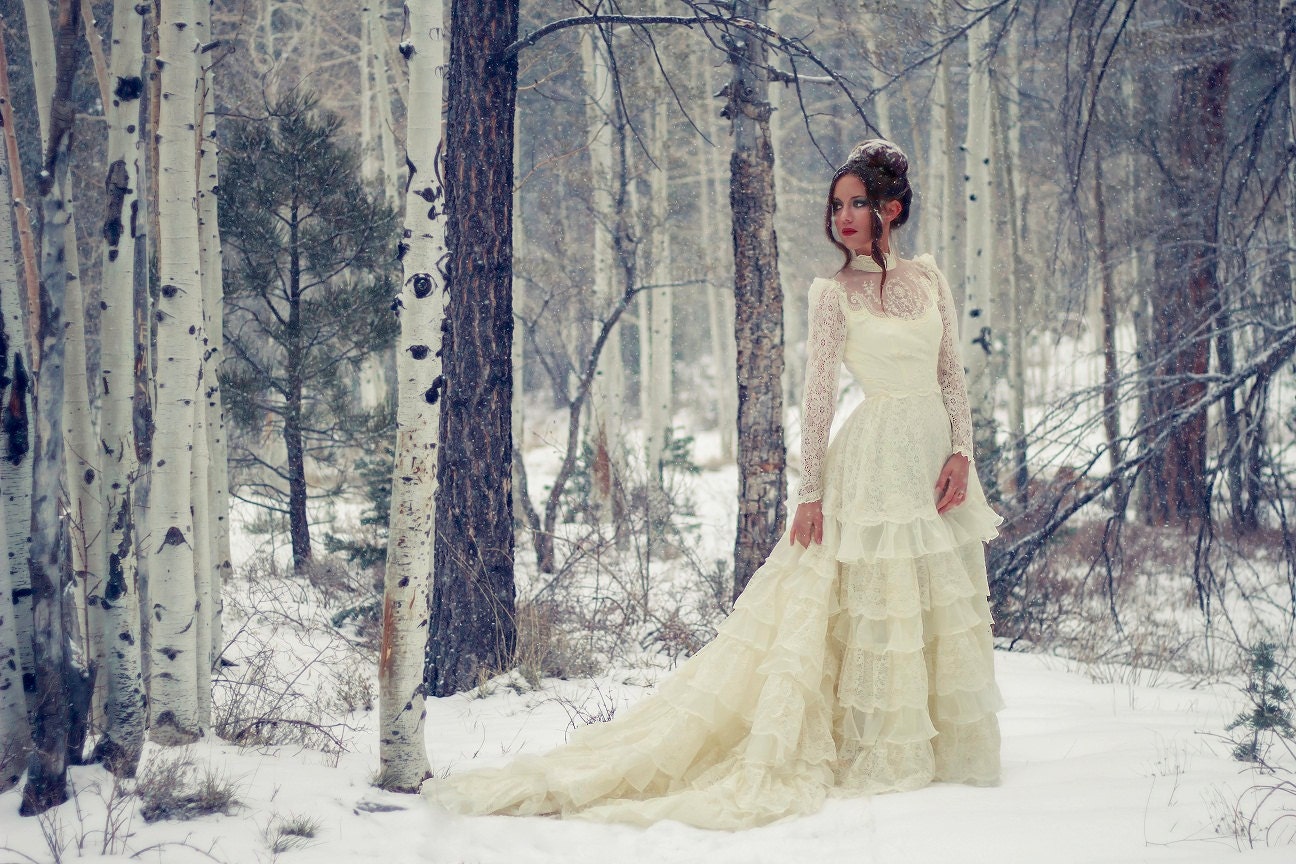 50s 60s Victorian Rustic Ivory Lace Vintage Wedding Dress with Long Sleeve And Tiered Lace Train - Medium