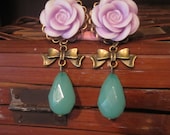 Pair of Lavender Open Rose Plugs with Bows and Seafoam Beads - Girly Gauges - 2g, 0g, 00g, 7/16", 1/2", 9/16", 5/8", 3/4"