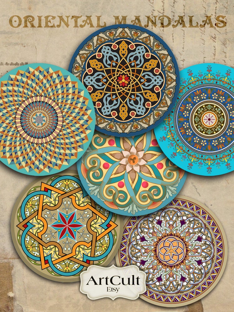 ORIENTAL MANDALAS - 2.5 inch Digital Collage Sheet for Pocket Mirrors Magnets Paper Weights Printable Spiritual images