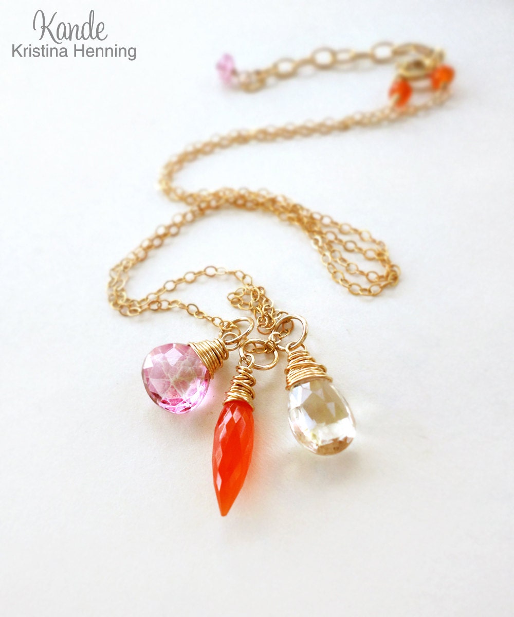 Gemstone Necklace, Orange Carnelian, Pink Quartz, Yellow Scapolite, Gold, Kande Kristina Henning - Ashley