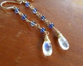 Moonstone Iolite Earrings, Long Gemstone Dangle, Gold Wire Wrapped, Kande Kristina Henning - Briallen
