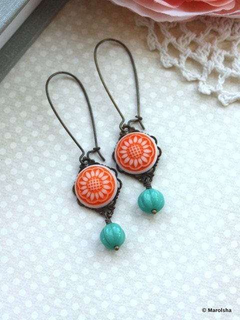 An Orange Star Sunflower Glass Cab, Turquoise Green Melon Antiqued Brass Dangle Earrings. Summer. Gifts for Her.