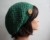 Crochet Slouchy Beanie Hat - Handmade Green Hat - Button Tab Slouchy Hat Winter Accessories Hemp Wool Made to Order