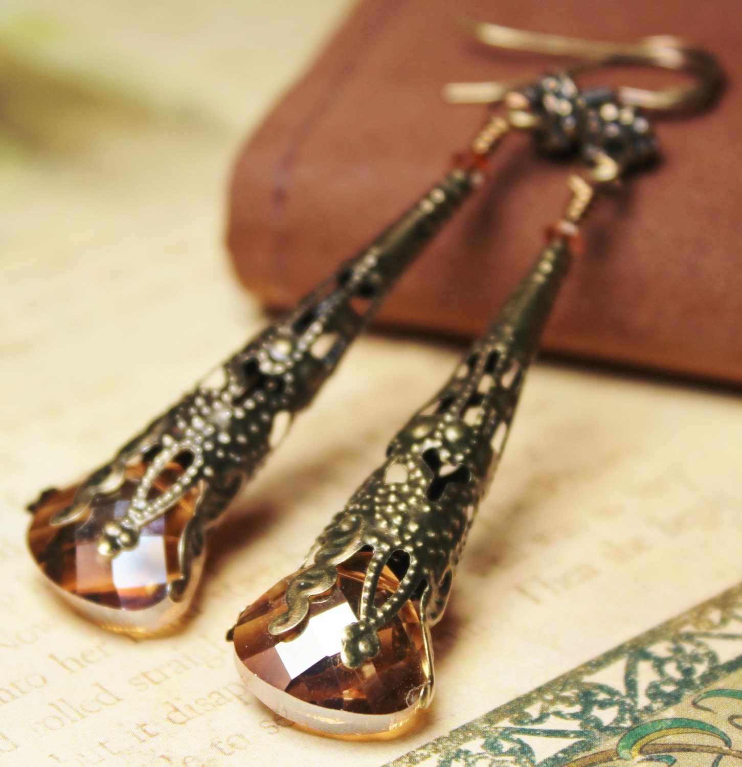 Handmade Jewelry Earrings Beaded Crystal Amber Copper  Antique Brass Sparkly Long Cones Filigree Metal Wires...Tupelo Honey