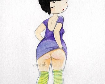 Rude Girl Print - The Moon - 5x7 pencil drawing watercolor painting - cute
