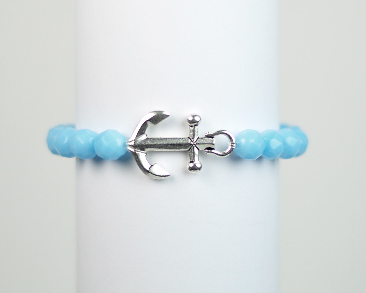 Anchor Bracelet -  Light Blue Bead Stretchy Bracelet