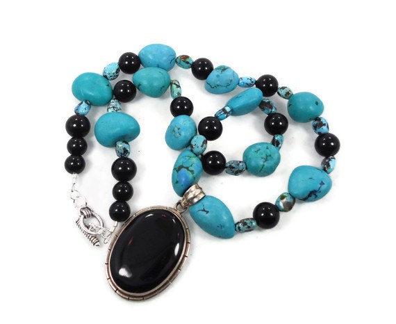 Onyx Turquoise Necklace - Sterling Silver Big Pendant - Vintage Assemblage - InVintageHeaven
