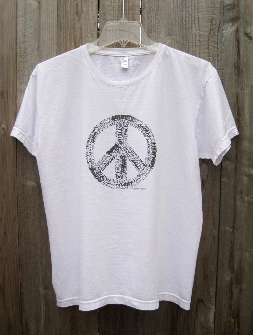 Unisex Hippie Shirt Peace T Shirt for Men or Women, Custom Peace shirt w Typography Calligram on American Apparel xs, s, m, l, xl