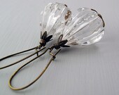 Teardrop Earrings, Vintage Lucite, Crystal Clear, Antiqued Brass