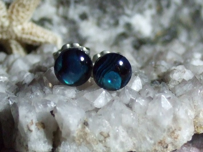 Blue Paua Shell Stud Earrings Earings Titanium Posts and Clutches Handmade in Newfoundland 6mm Round Hypo Allergenic