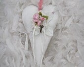 White Vintage Linen Valentine Heart with dried lavender Pink Rosebud  Key to My Heart