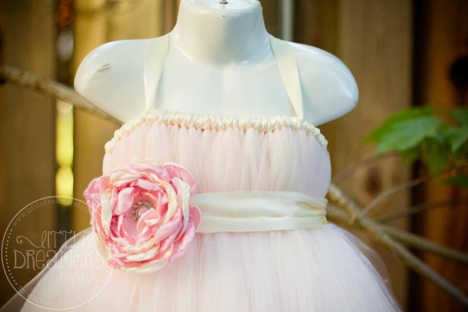 Ivory and Light Pink Flower Girl Tutu Dress with Flower Sash