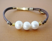 Pearl Leather Bracelet, 3 Large Freshwater Pearl, Antique Buckle Stacking Bracelet Friendship
