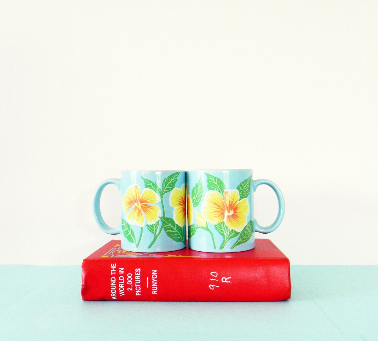Tropical Floral Vintage Mugs/Retro Coffee Cups/Sky Blue Tropical Coffee Mugs/Set of 2