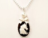 Necklace Fairy Tale Unicorn Black Cameo Bow White Lace Edge Setting