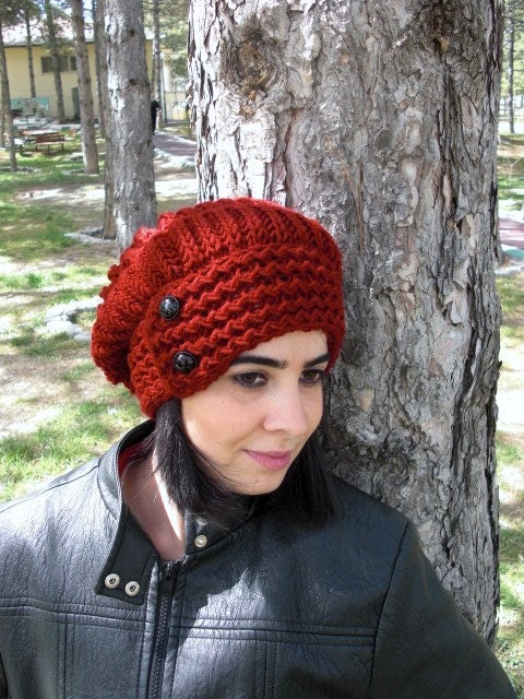 Hand Knit Hat- Womens hat - Winter  hat -  chunky knit Slouchy Beanie  Hat  with Button  Fall Winter Accessories   Burgundy red  Fashion