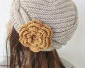Hand Knit  Hat-   Womens Hat -  Cloche Hat  in Beige  Winter Accessories with crochet flower Snow warm  Fall Autumn oatmeal