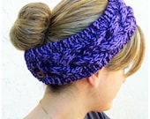 Hand Knit Headband, Braided Cable, Vegan Washable Yarn, Purple Violet Lilac, Coconut Buttons