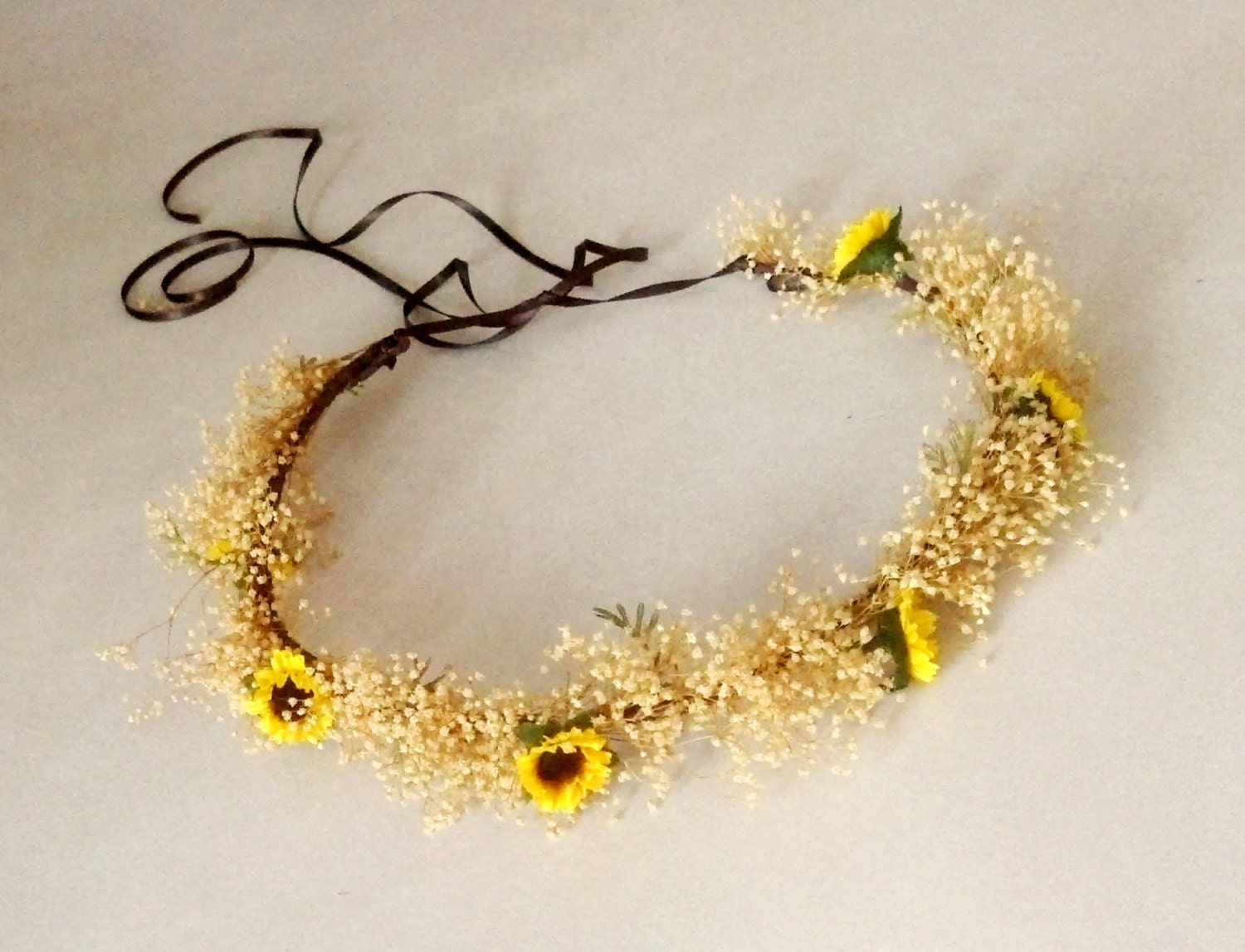 Sunflower Bridal hair accessory, wedding headpiece, Babys breath flower crown mini sunflowers Woodland Head wreath photo prop rustic brown