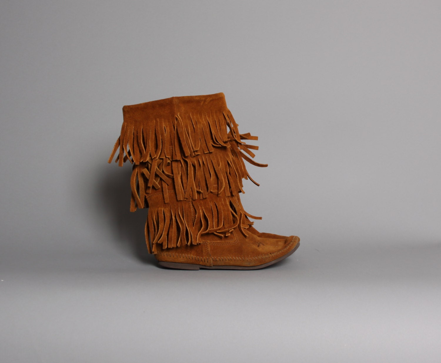 80s FRINGE SUEDE BOOTS / Brown Suede Mid Calf Moccasin Boots, 8