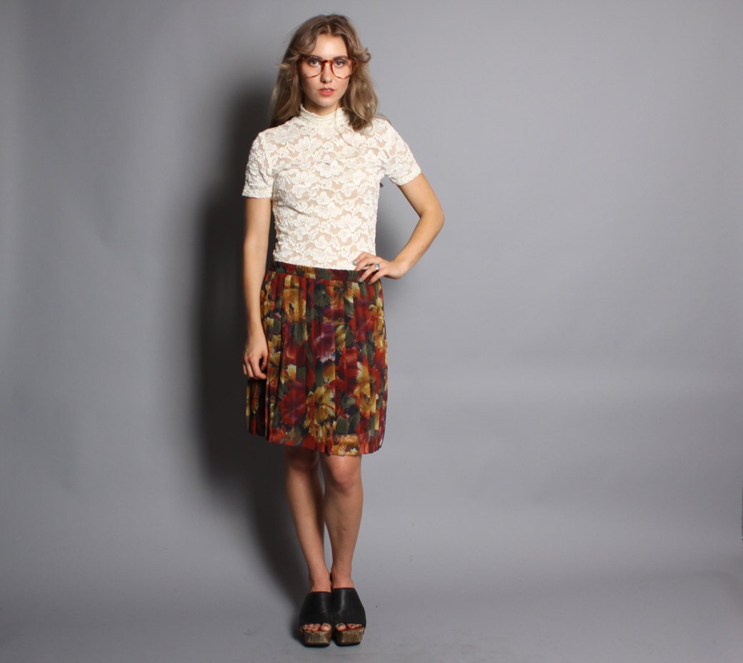 80s High Waist MINI SKIRT / Sheer Pleated Floral, s-m