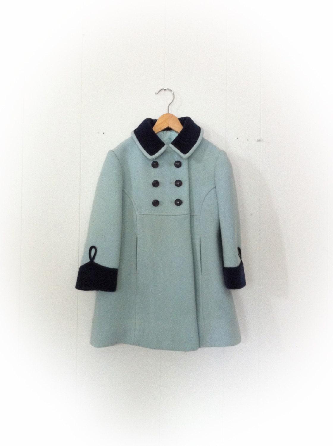 Vintage 1960s Girl Childs Coat Rothschild of Philadelphia Aqua Wool and Blue Velvet Trim - ArtDecoDame