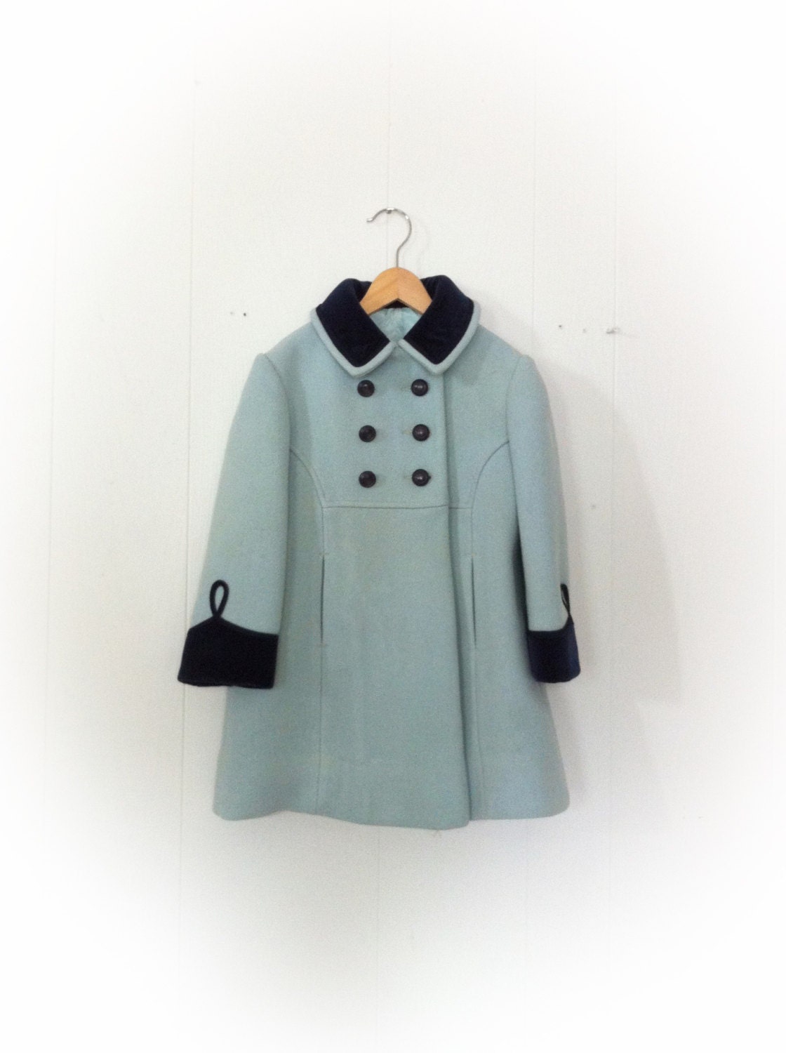 Vintage 1960s Girl Childs Coat Rothschild of Philadelphia Aqua Wool and Blue Velvet Trim