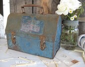 Antique Blue Metal  Lunchbox - Shabby Farmhouse Decor - Rustic Garden Mail Tattered  - Vintage Decorator Lunch box