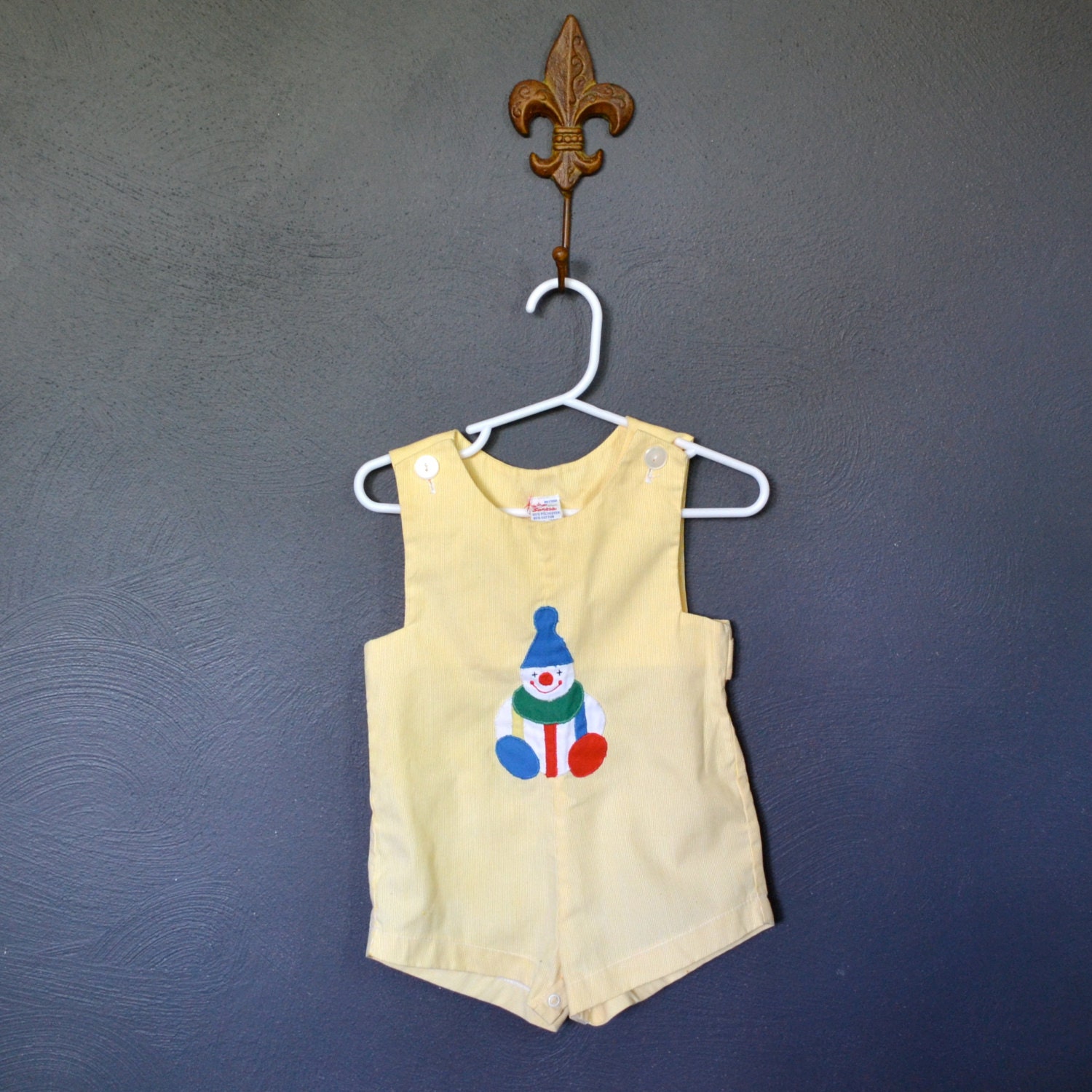 Vintage Baby Yellow Romper with Clown / Striped Sunsuit / size 18 months