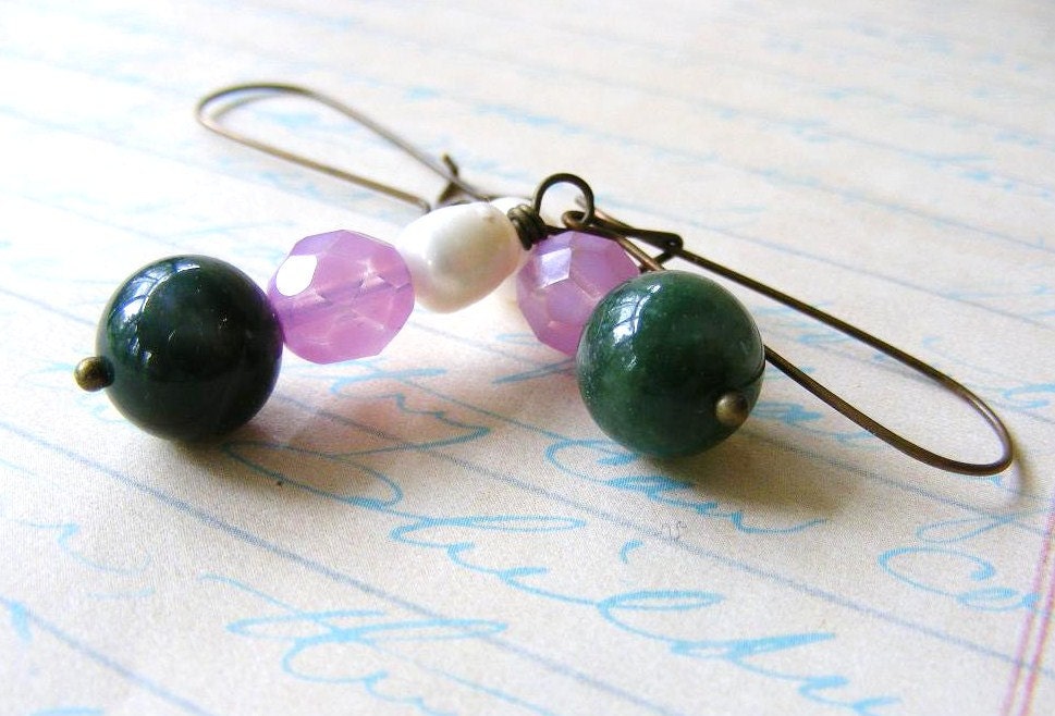 White Pearl Czech Pink Glass and Rich Green Stone  Long Earrings