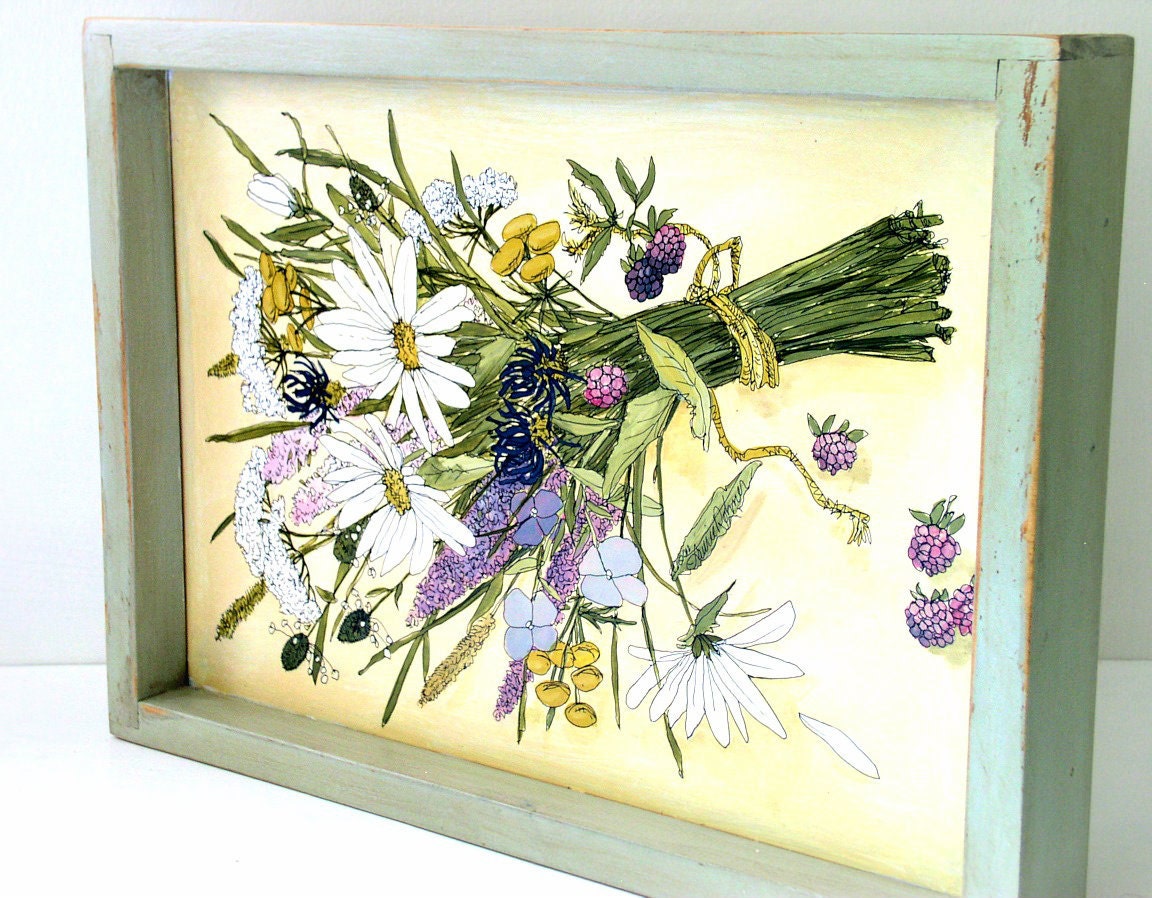Painted Botanical Furniture Tray Distressed Farmhouse Shabby Chic Cottage Wood Serving