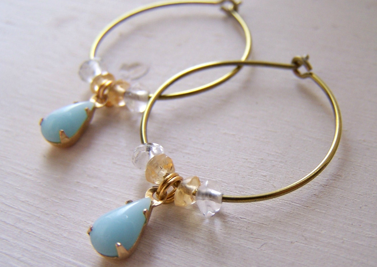 niobium gold hoop earrings vintage sky blue teardrops with citrine and aquamarine - sunny skies - limited edition