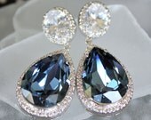 Lemon Yellow or Sapphire Blue Teardrop Crystals Surrounded with Pave CZs on Silver Cubic Zirconia Post Earrings