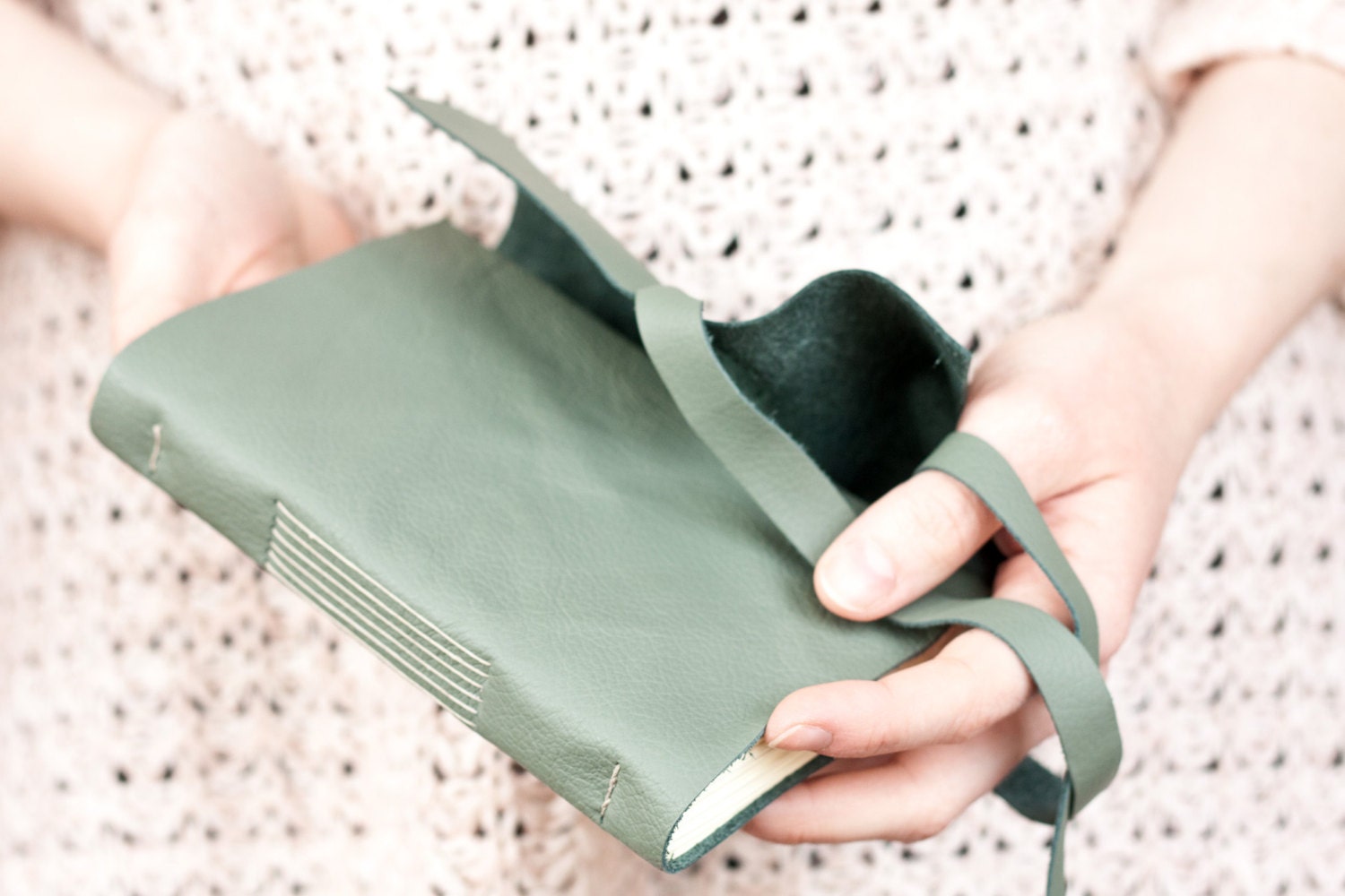 Leather Journal - Sage Green - Handbound Leather Book - 6 x 4