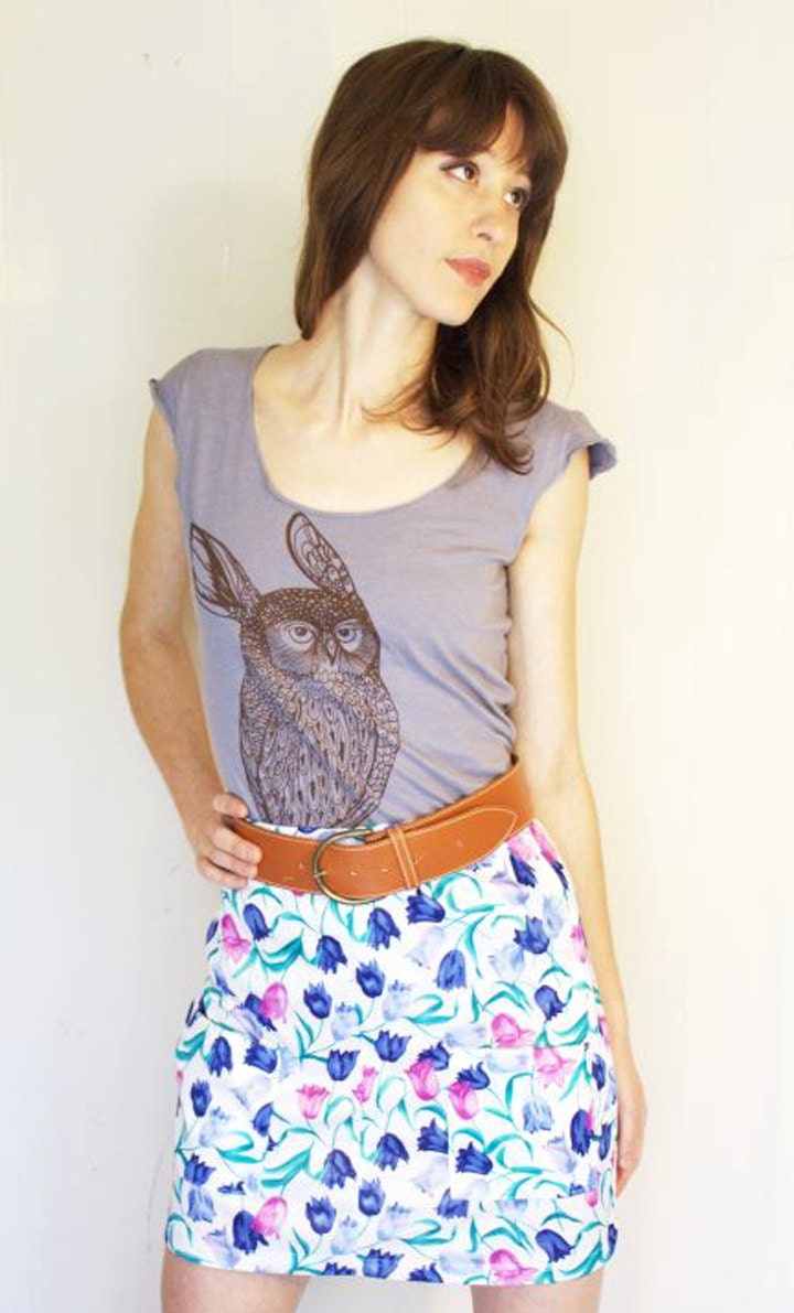 Rowl Rabbit Owl tshirt - eco friendly brown ink screenprint on slate grey sheer cotton scoop neck - womens sizes S, M, L, XL