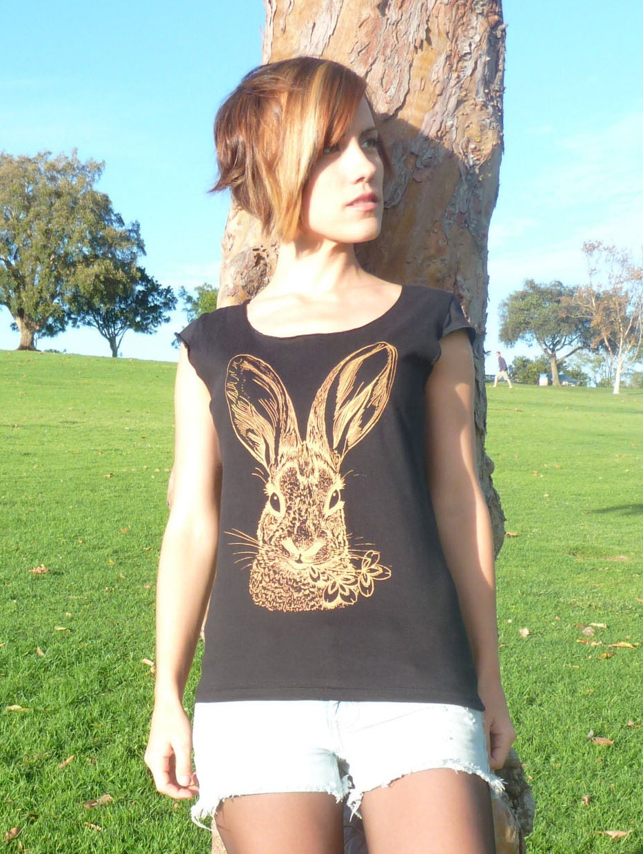 Brush Rabbit tshirt - eco friendly copper ink screenprint on sheer black cotton - sizes S, M, L, XL