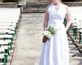 V-neck Vintage Inspired Wedding Gown "Emma", long white wedding dress with pockets and pleats, couture white bridal gown, CUSTOM MADE style