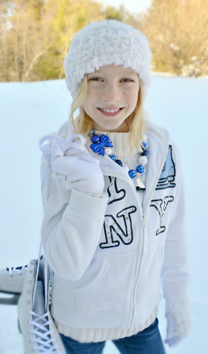 Ice Princess Chunky Necklace blue with Figure Skate pendant - bow detail, figure skating, birthday, bubblegum gumball bead necklace
