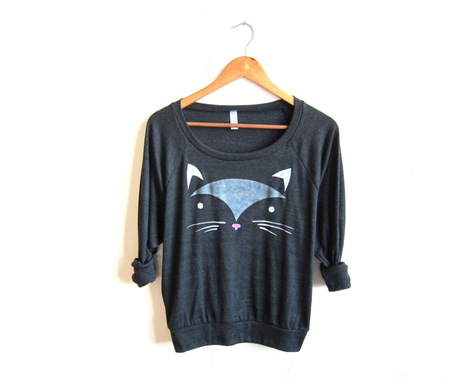 Geo Cat HAND STENCILED Slouchy Eco Heather Deep Scoop Neck Lightweight Sweatshirt in Heather Black - S M L XL