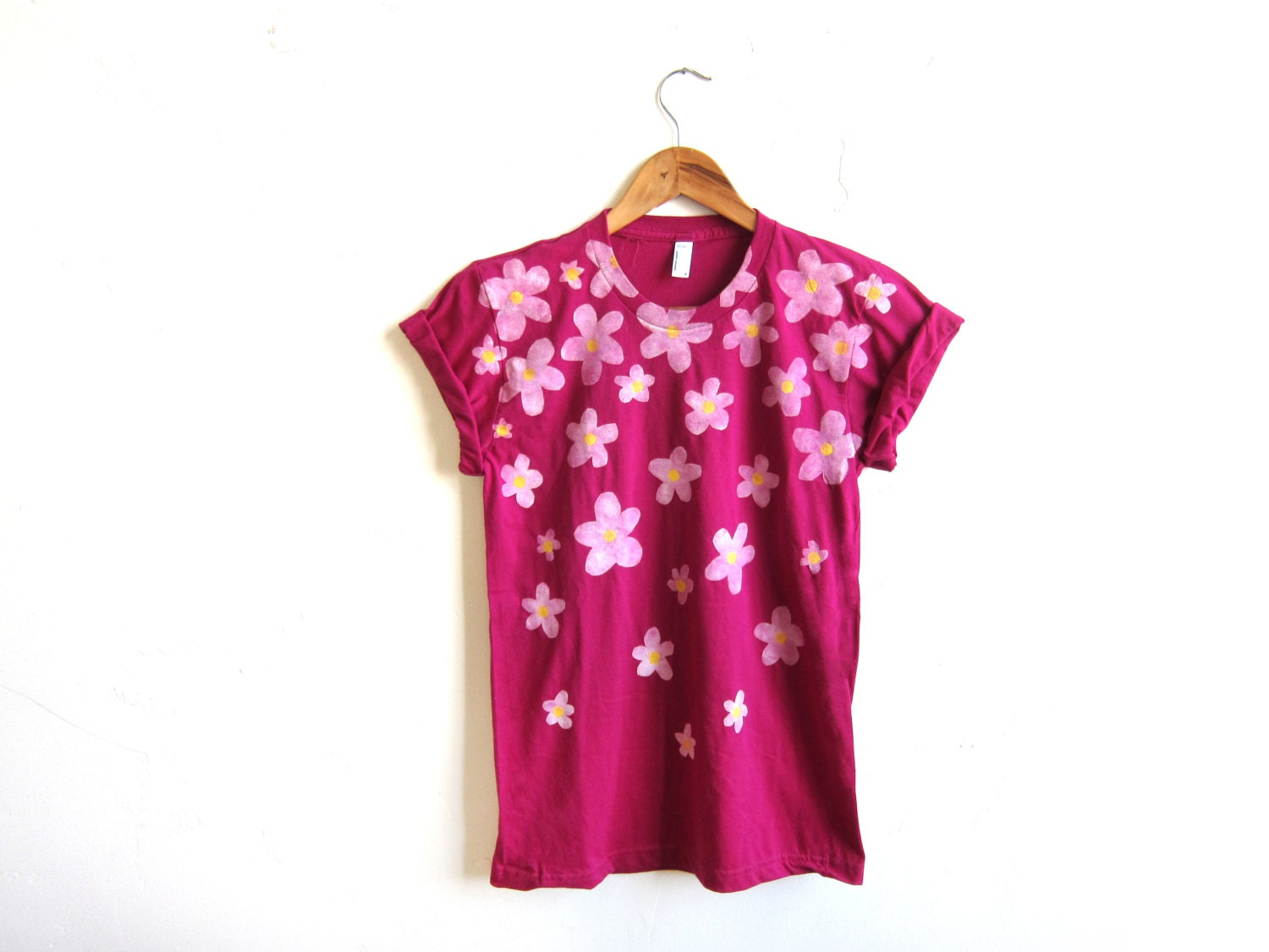 Daisy Shower - Hand STENCILED Crew Neck Rolled Cuffs Tee in Raspberry and White - S M L XL 2XL 3XL